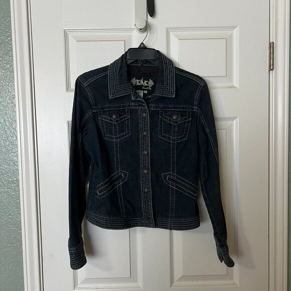 Live a Little Dark blue Jean Jacket, with special stitching, size M - Picture 1 of 7